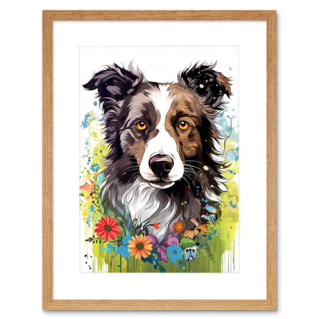 Artery8 Wall Art Print Border Collie Dog Bright Watercolour Painting Floral Portrait with Wildflowers & Butterflies Artwork Framed 9X7 Inch - image 1