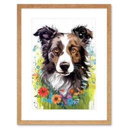 Artery8 Wall Art Print Border Collie Dog Bright Watercolour Painting Floral Portrait with Wildflowers & Butterflies Artwork Framed 9X7 Inch - thumbnail 1