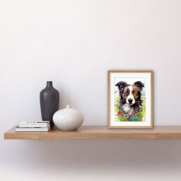 Artery8 Wall Art Print Border Collie Dog Bright Watercolour Painting Floral Portrait with Wildflowers & Butterflies Artwork Framed 9X7 Inch - thumbnail 2