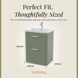 Balterley Contemporary Floor 2 Drawer Bathroom Vanity Unit, Satin Green, 600mm in Green - thumbnail 5