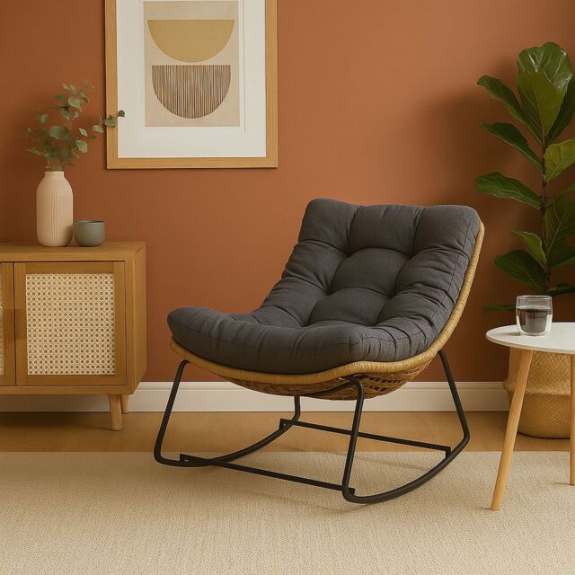 Home Republic Rocking Outdoor Garden Chair with Cushions & Stand in Brown Rattan Effect in Natural - Size: 26.4L