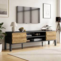 BTM TV Cabinet TV Stand Console Storage Doors Open Shelf Living Room in Natural - thumbnail 2