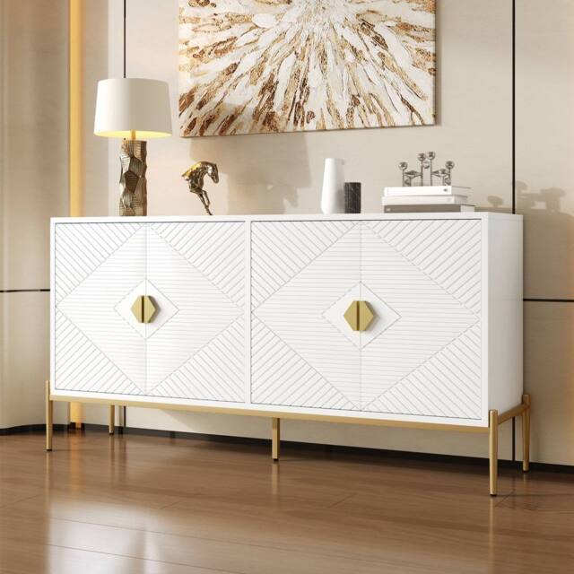 Merax 158cm Geometric 4-Door Sideboard with Metal Legs & Gold Handles in White - image 1