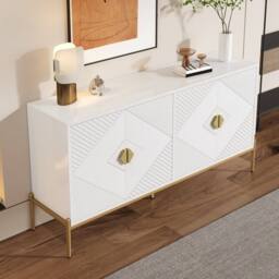 Merax 158cm Geometric 4-Door Sideboard with Metal Legs & Gold Handles in White - thumbnail 6