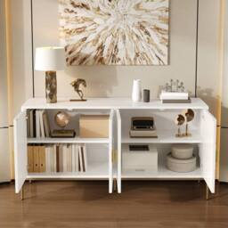 Merax 158cm Geometric 4-Door Sideboard with Metal Legs & Gold Handles in White - thumbnail 7