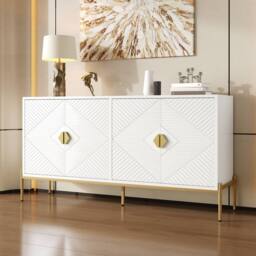 Merax 158cm Geometric 4-Door Sideboard with Metal Legs & Gold Handles in White - thumbnail 1
