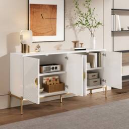 Merax 158cm Geometric 4-Door Sideboard with Metal Legs & Gold Handles in White - thumbnail 4