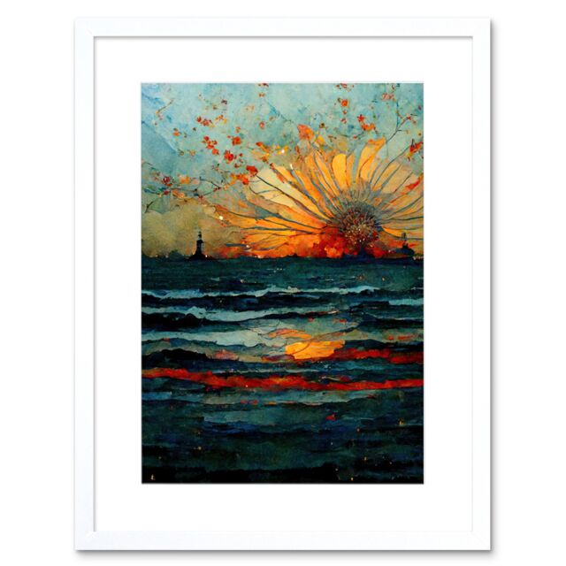 "Artery8 Wall Art Print Seascape Sunset Port City Waves Horizon Artwork Framed 9X7 Inch in White - Size: W7"" x H9""" - image 1