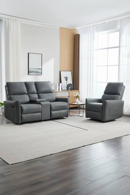 More4Homes Madrid 1+2 Seater W Console Manual Air Leather Recliner Sofa Set in Grey - image 1