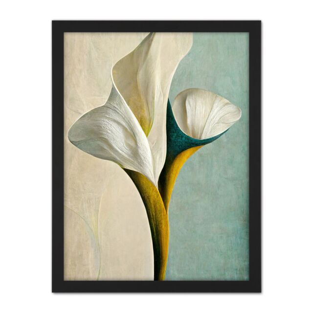 "Artery8 Wall Art Print Cala Lily Lilies Flower Abstract Minimalist Painting Duck Egg Cream Mustard Large Framed Wall Décor Art - Size: W18"" x H24""" - image 1