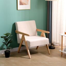 Nordlys Scandinavian Lounge Armchair with Wooden Frame & Fabric in Beige - thumbnail 2