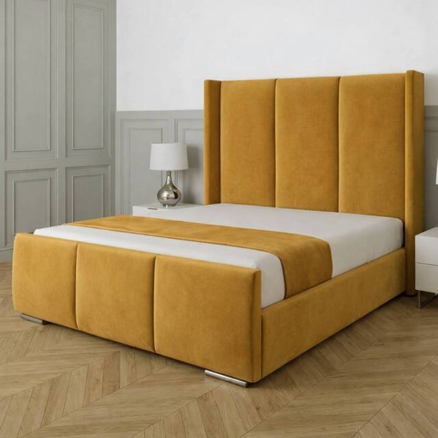 Living Comfort Bedz Westbury Plush Velvet Upholstered Bed Slatted Base - 48Inch Headboard in Mustard - Size: King - image 1
