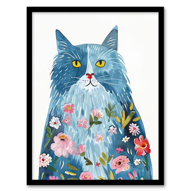 "Artery8 Smiling Blue Cat with Flowers in Fur Watercolour Framed Wall Art - Size: W12"" x H16""" - image 1