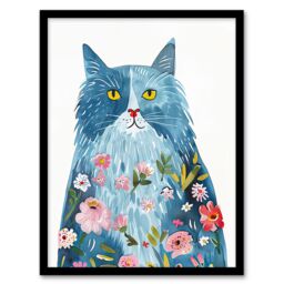 "Artery8 Smiling Blue Cat with Flowers in Fur Watercolour Framed Wall Art - Size: W12"" x H16""" - thumbnail 1
