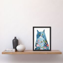 "Artery8 Smiling Blue Cat with Flowers in Fur Watercolour Framed Wall Art - Size: W12"" x H16""" - thumbnail 4