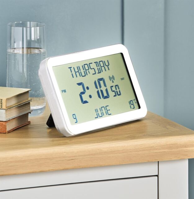 mysmartbuy Easy To Read Calendar Clock - Freestanding or Hanging Multi-Language Clock - Displays Time, Day, Date, Month & Temperature in White