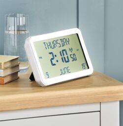 mysmartbuy Easy To Read Calendar Clock - Freestanding or Hanging Multi-Language Clock - Displays Time, Day, Date, Month & Temperature in White - thumbnail 1