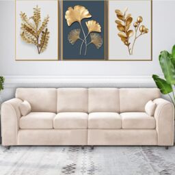 Furniture 786 Sleek 4 Seater Full Back Plush Velvet Sofa in Cream
