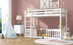 Matteo 3FT Bunk Bed, Bed With Fences & Door, Children's Bed With Fall Protection & Railings, Solid Wood in White - Size: Double - thumbnail 6