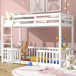 Matteo 3FT Bunk Bed, Bed With Fences & Door, Children's Bed With Fall Protection & Railings, Solid Wood in White - Size: Double - thumbnail 2