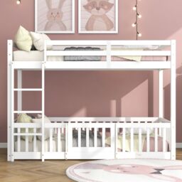 Matteo 3FT Bunk Bed, Bed With Fences & Door, Children's Bed With Fall Protection & Railings, Solid Wood in White - Size: Double