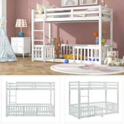 Matteo 3FT Bunk Bed, Bed With Fences & Door, Children's Bed With Fall Protection & Railings, Solid Wood in White - Size: Double - thumbnail 4