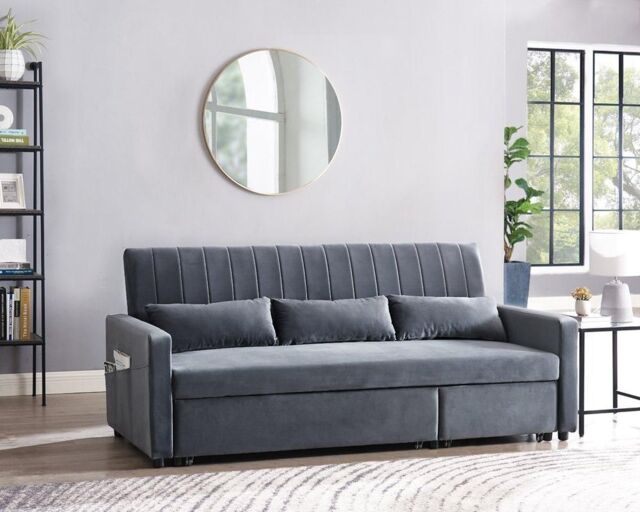 Home Detail Devon Velvet Pull Out Sofa Bed Ribbed Fabric Detailing & Side Pocket Storage in Dark Grey - image 1