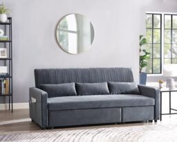 Home Detail Devon Velvet Pull Out Sofa Bed Ribbed Fabric Detailing & Side Pocket Storage in Dark Grey