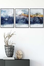 Abstract Navy Blue and Yellow Mountains Framed Wall Art - Medium