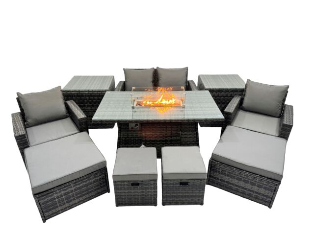 Fimous Outdoor Love Sofa Set 8 Seat & Gas Firpit Table 4 Stools 2 Side Table in Dark Grey - image 1