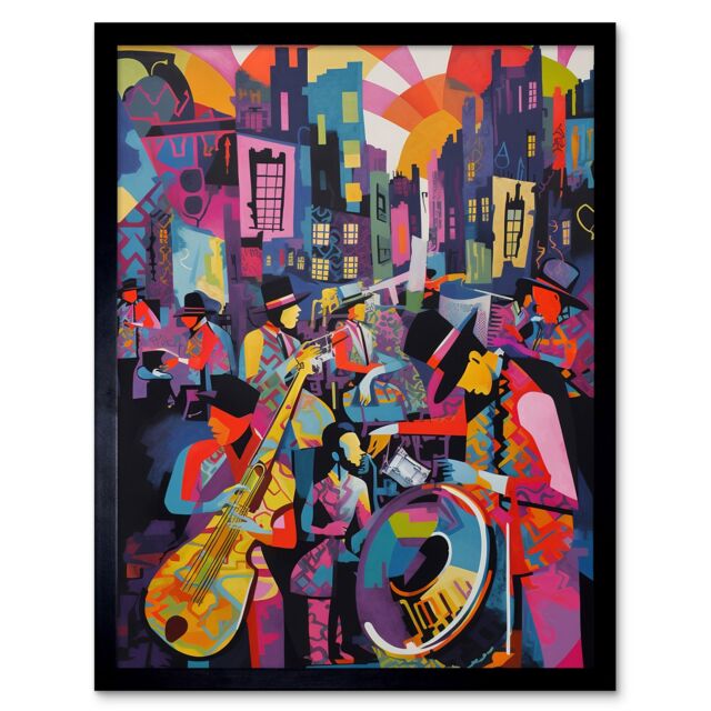 Artery8 Wall Art Print New Orleans Jazz Festival Street Musicians Playing Music City at Sunset Abstract Modern Painting Art Framed - image 1