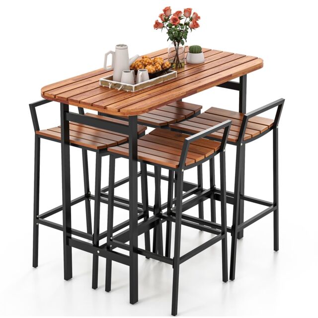 Costway 5Pcs Acacia Wood Bar Table Set Outdoor Bar Height Table & Chairs in Natural - image 1