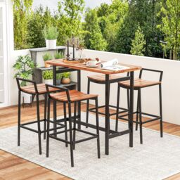 Costway 5Pcs Acacia Wood Bar Table Set Outdoor Bar Height Table & Chairs in Natural - thumbnail 4