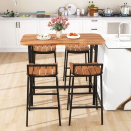 Costway 5Pcs Acacia Wood Bar Table Set Outdoor Bar Height Table & Chairs in Natural - thumbnail 3