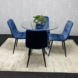KOSY KOALA Round Glass Dining Table Set With 4 Blue Velvet Chairs Dining Room Furniture in Brown - thumbnail 3