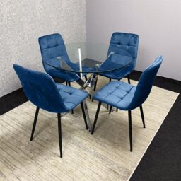 KOSY KOALA Round Glass Dining Table Set With 4 Blue Velvet Chairs Dining Room Furniture in Brown