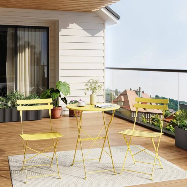 London Boutique 3PCS Foldable Bistro Set Patio Table & 2 Chairs Garden Furniture Set in Yellow - image 1