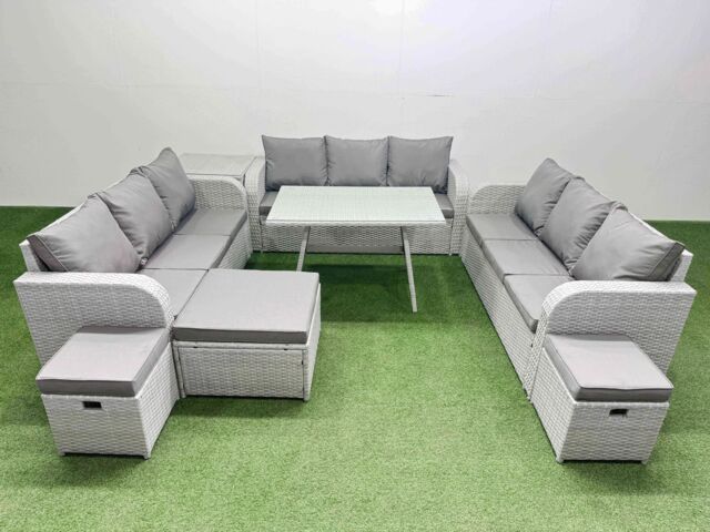 Fimous 12 Seat Outdoor PE Rattan Garden Furniture with Side Table 3 Stool in Light Grey - image 1