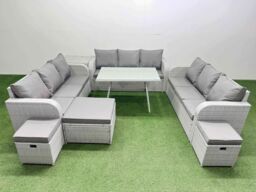 Fimous 12 Seat Outdoor PE Rattan Garden Furniture with Side Table 3 Stool in Light Grey - thumbnail 1