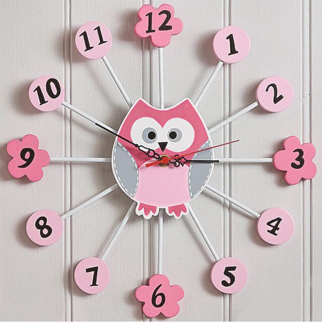 mysmartbuy Pink Owl Wall Clock - Battery Powered Clock with Large Clear Numbers for Kids Girls Bedroom, Nursery or Playroom - 34cm Diameter