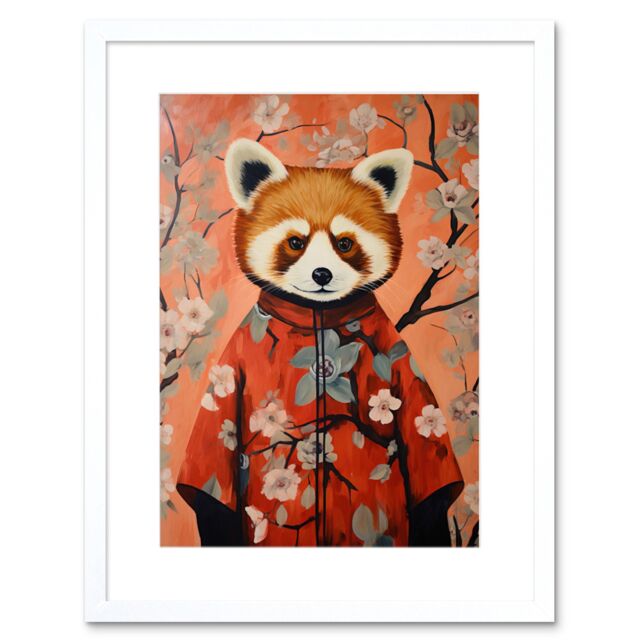 "Artery8 Wall Art Print Red Panda in Kimono Cherry Blossom Trees Japan Artwork Framed 9X7 Inch in White - Size: W7"" x H9""" - image 1