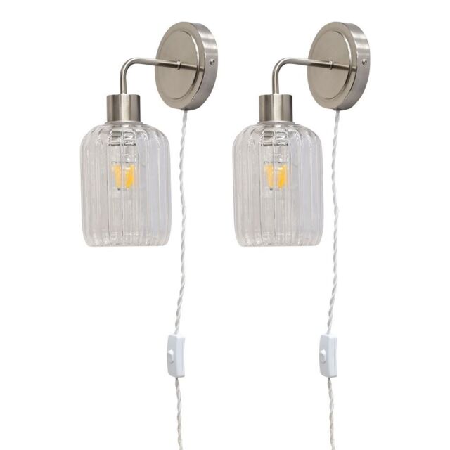 First Choice Lighting Set of 2 Toby - Satin Nickel Plug in Wall Lights Ribbed Glass Shades in Silver - image 1