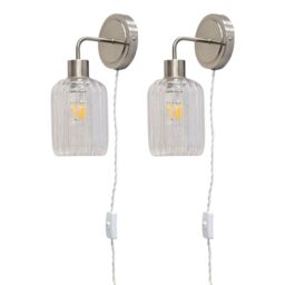 First Choice Lighting Set of 2 Toby - Satin Nickel Plug in Wall Lights Ribbed Glass Shades in Silver