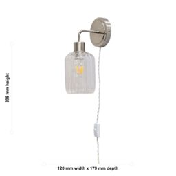 First Choice Lighting Set of 2 Toby - Satin Nickel Plug in Wall Lights Ribbed Glass Shades in Silver - thumbnail 6