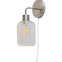 First Choice Lighting Set of 2 Toby - Satin Nickel Plug in Wall Lights Ribbed Glass Shades in Silver - thumbnail 3