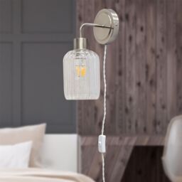 First Choice Lighting Set of 2 Toby - Satin Nickel Plug in Wall Lights Ribbed Glass Shades in Silver - thumbnail 4