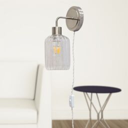 First Choice Lighting Set of 2 Toby - Satin Nickel Plug in Wall Lights Ribbed Glass Shades in Silver - thumbnail 5