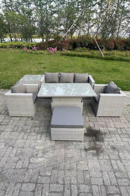 Fimous Rattan Garden Funiture Adjustable Rising Lifting Table Sofa Dining Set 2 Arm Chair Big Footstool in Light Grey - image 1