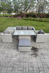 Fimous Rattan Garden Funiture Adjustable Rising Lifting Table Sofa Dining Set 2 Arm Chair Big Footstool in Light Grey - thumbnail 2