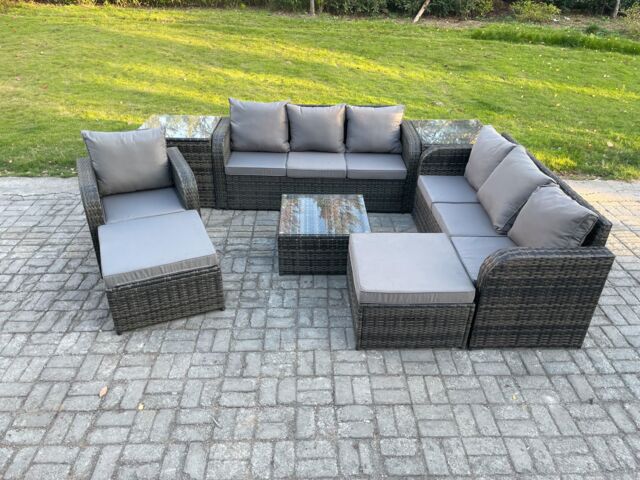 Fimous 9 Seater Outdoor Rattan Garden Furniture Set Conservatory Patio Sofa Coffee Table With Reclining Chair 2 Big Footstool 2 Side Tables - image 1
